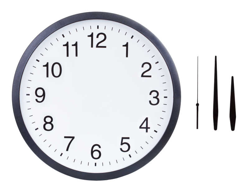 空白时钟分针和秒针在白色背景上隔离