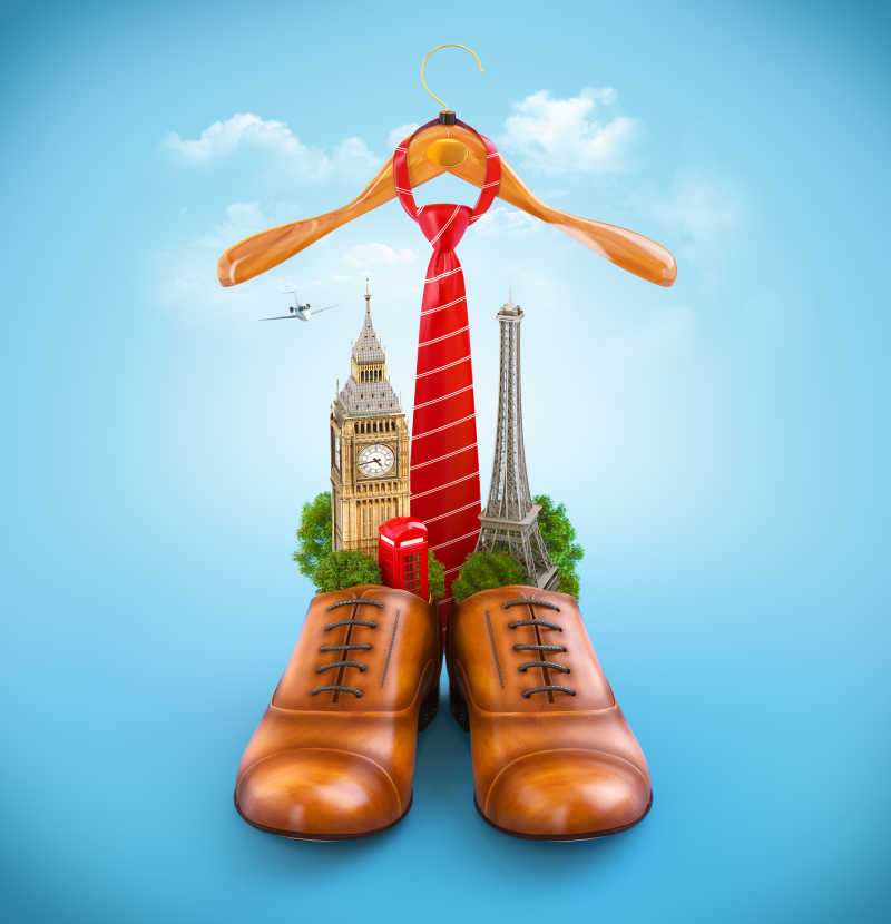 放着领带的衣架下的鞋子长出两座建筑