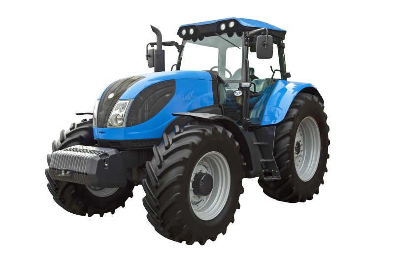 白色背景下的蓝色的农业拖拉机