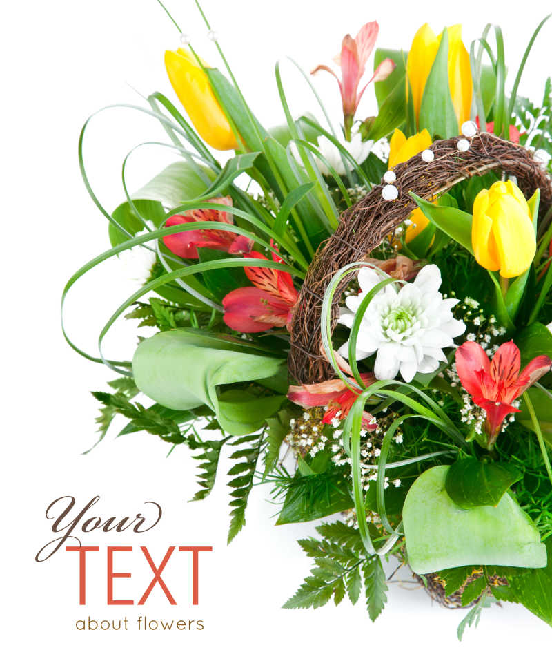 白色背景下的郁金香花篮