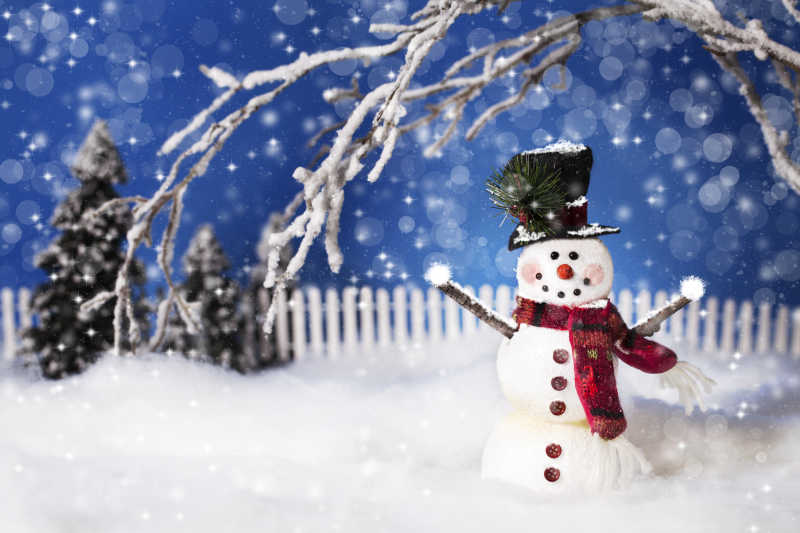 雪地上的雪人和圣诞树