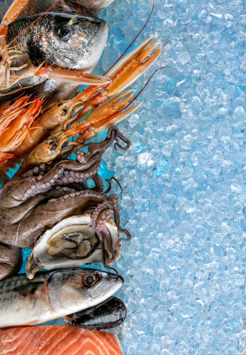 放在浮冰上的海鲜