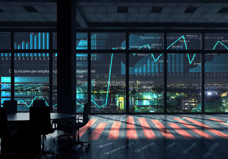 现代办公室窗口虚拟数据与图表