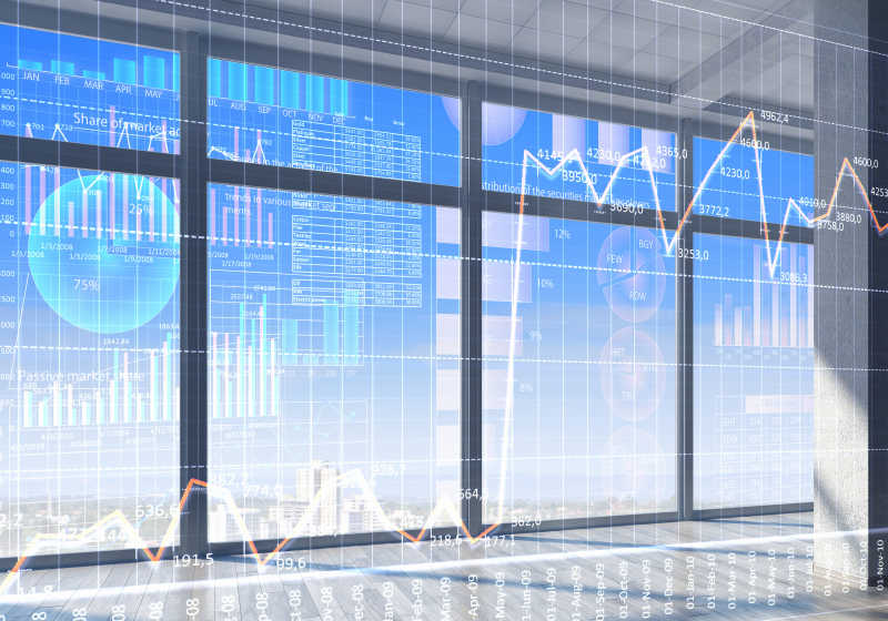 现代办公室内部窗口商业数据统计图表