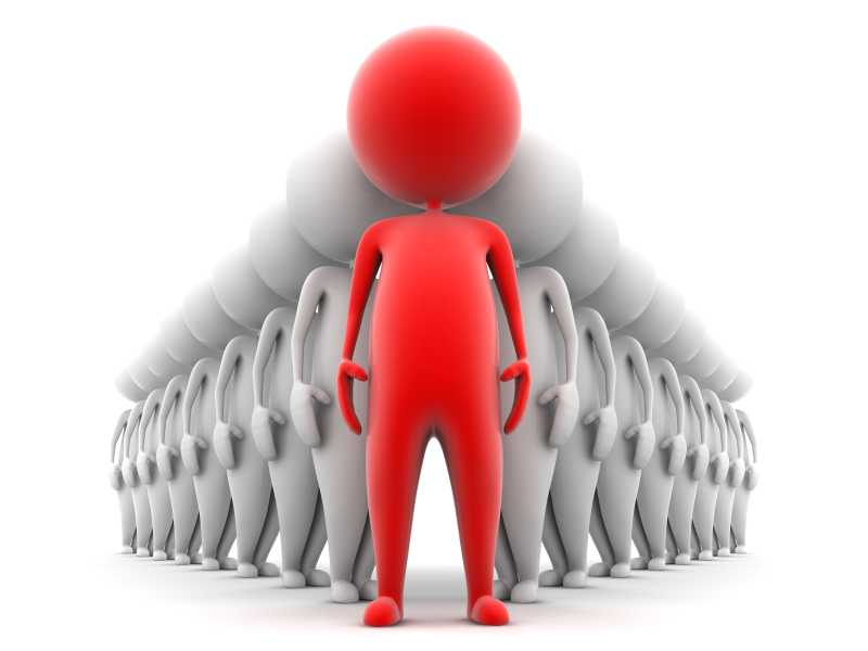 站在一群白色卡通人物形象前的红色卡通人物