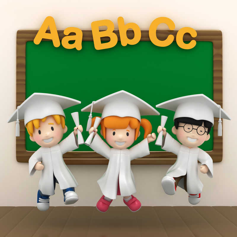 跳跃的儿童和挂着ABC的黑板3D卡通