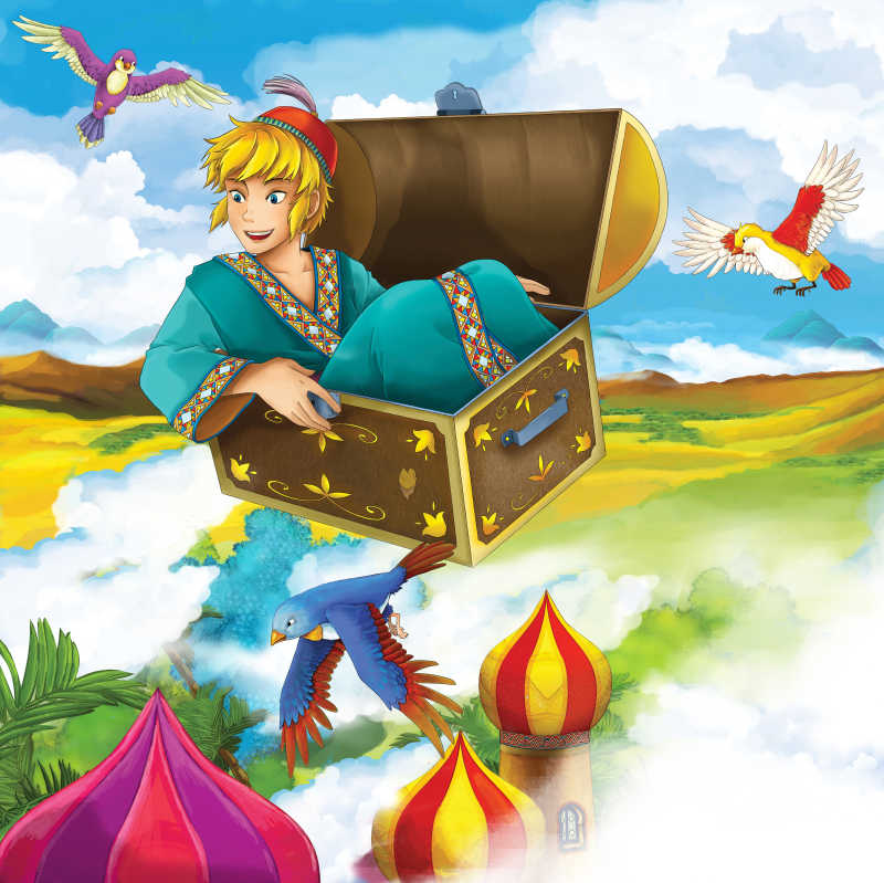 卡通插画里飞行的箱子