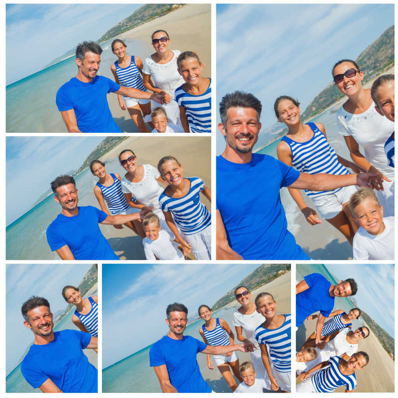 海滩上度假的幸福一家人图集的拼贴