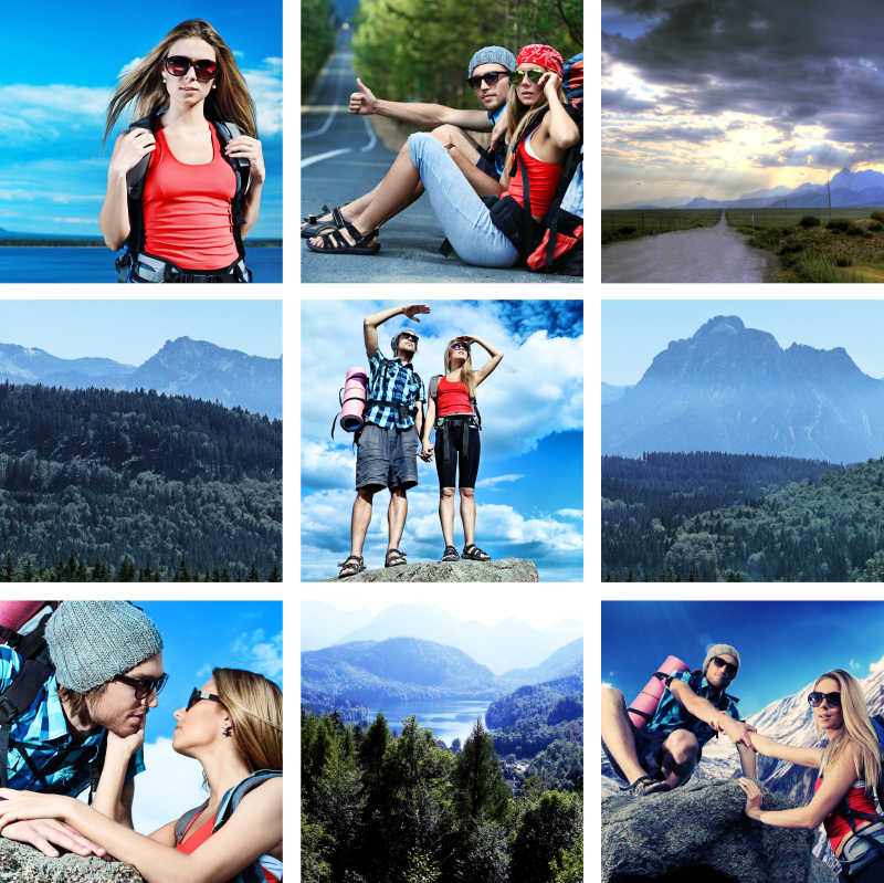 夫妻爬山运动拼贴