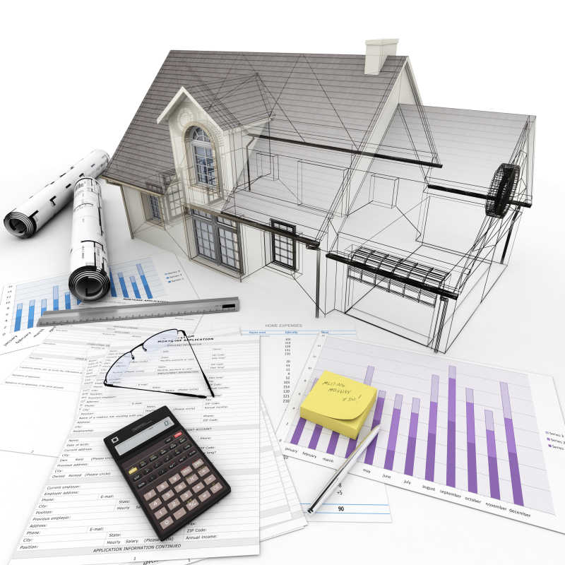 3D渲染房屋结构模型和设计蓝图