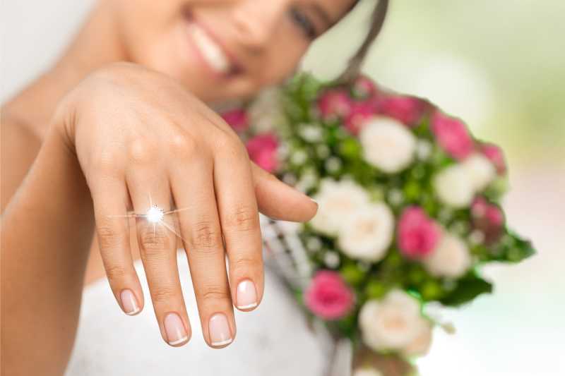幸福的新娘在展示食指上带着的闪亮的戒指