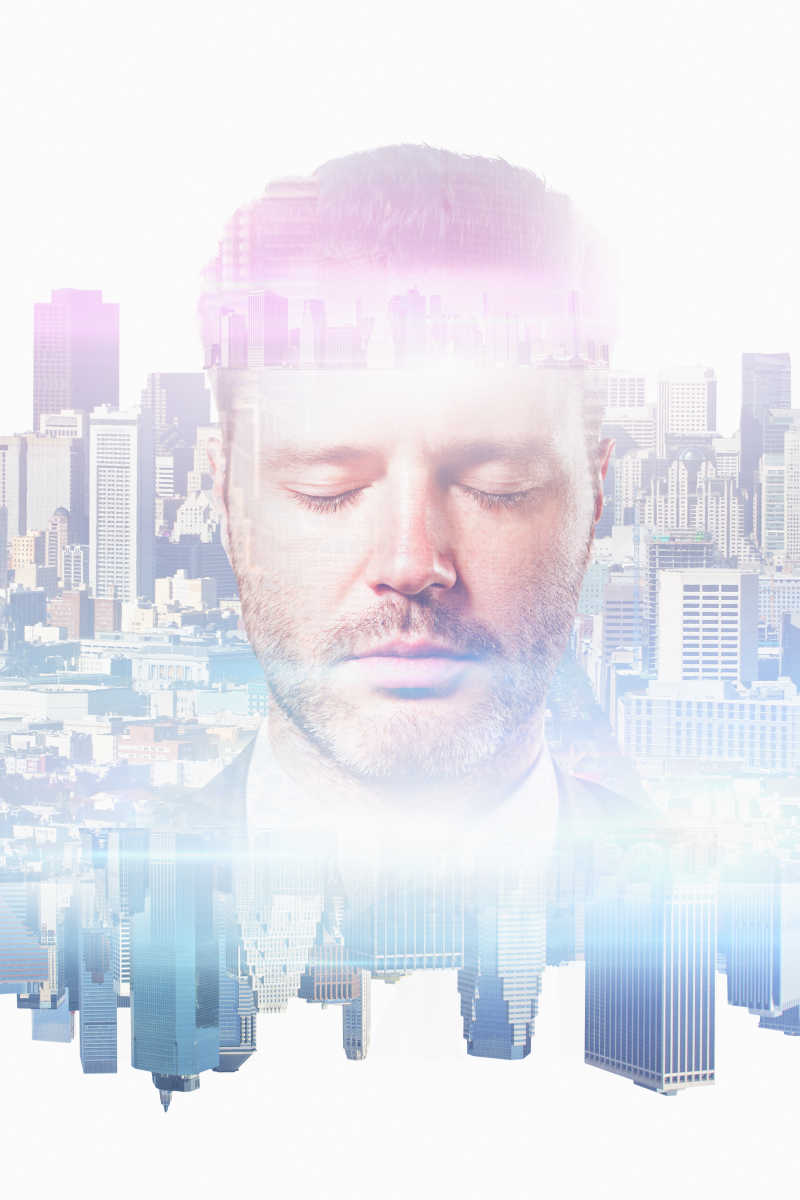 抽象城市背景下深思熟虑的高加索商人肖像