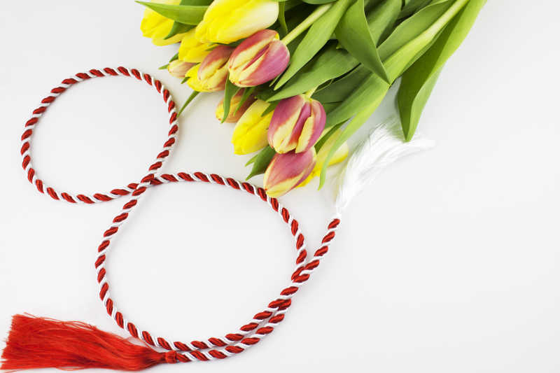 郁金香与红色袋子