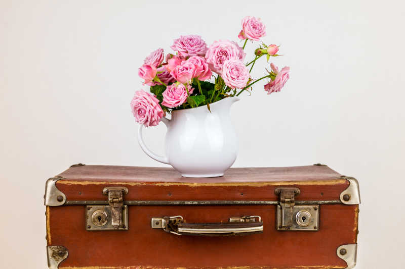 复古行李箱上的玫瑰