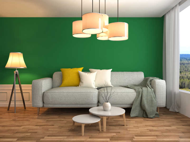 绿色沙发在室内摆放的立体效果设计