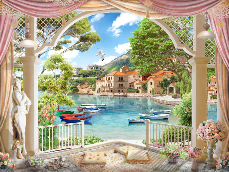 从阳台上看水边的小镇