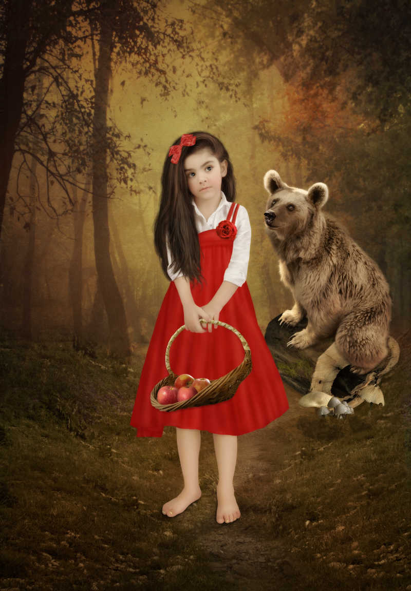 森林里穿着红色长裙的小女孩和灰熊