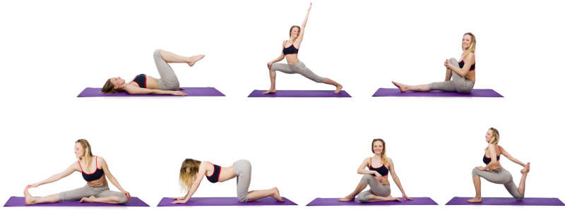 白色背景下多种瑜伽姿势