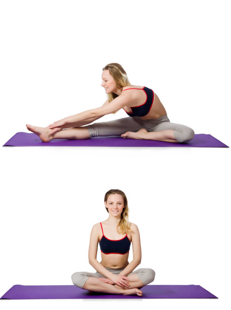 白色背景下瑜伽盘坐的美女