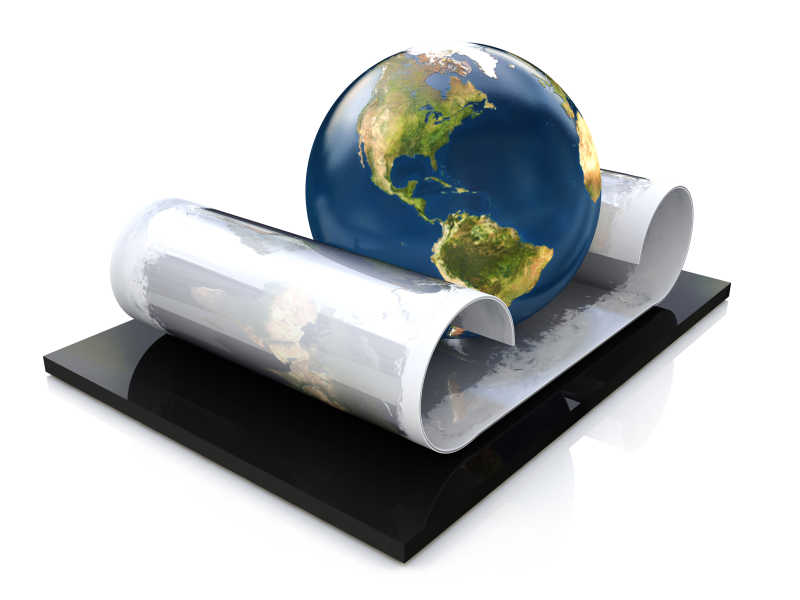 白色背景下地球模型放在黑色的板块上面