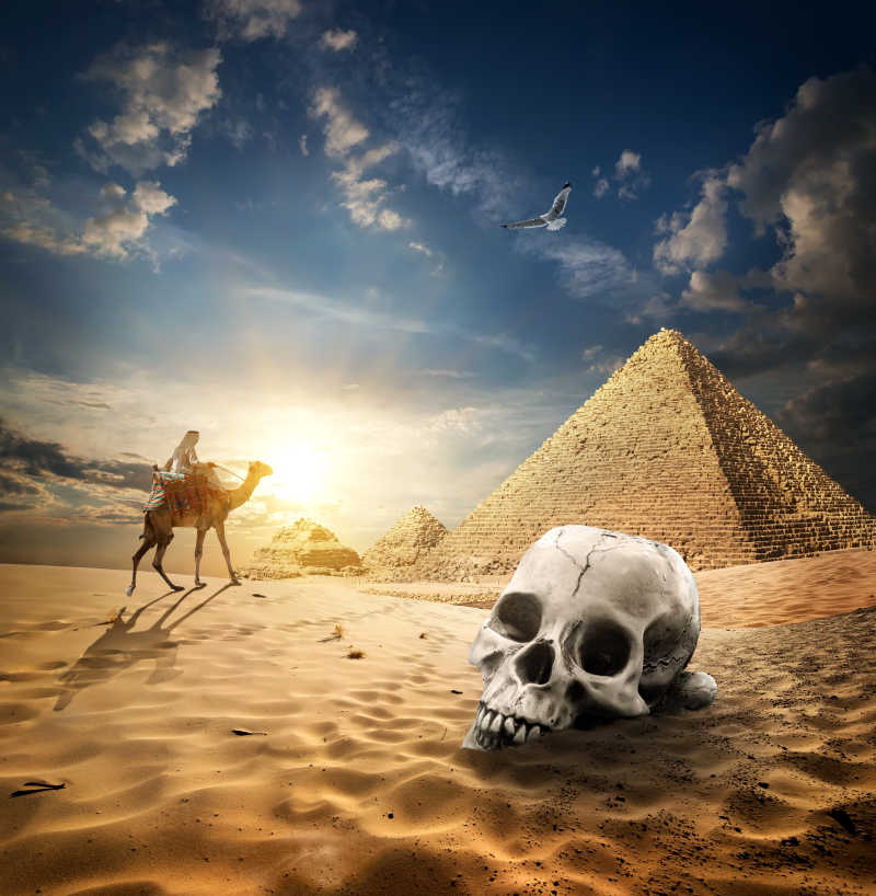 日出下的埃及金字塔与沙漠骆驼