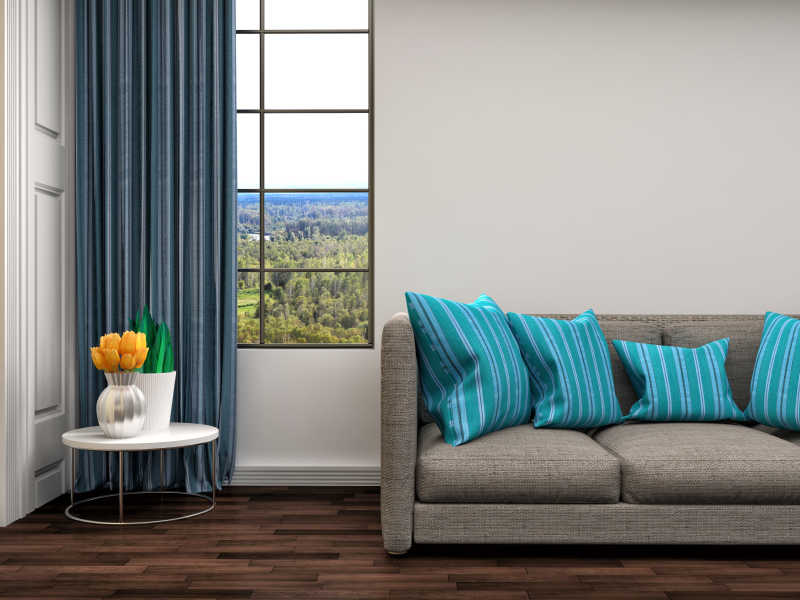 窗边的有蓝色抱枕的棕色沙发