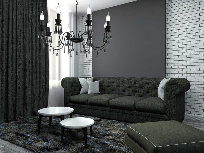 室内灯光下黑色布艺沙发