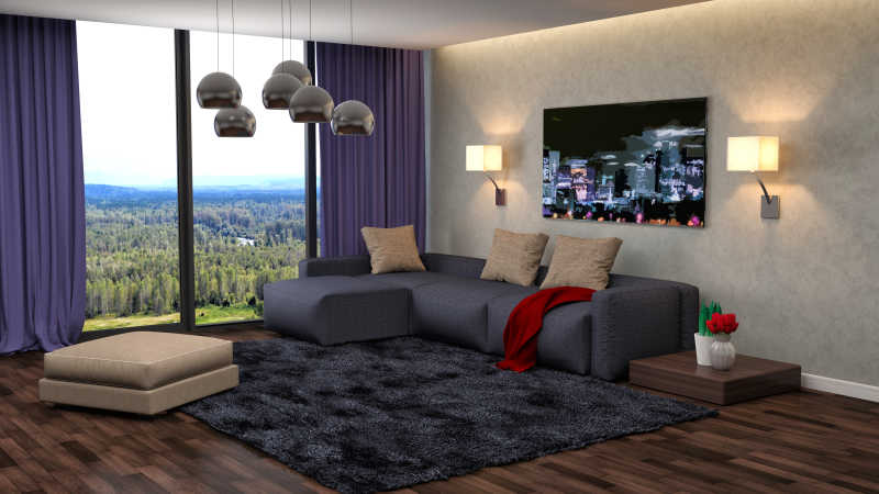 蓝色沙发与深蓝色地毯