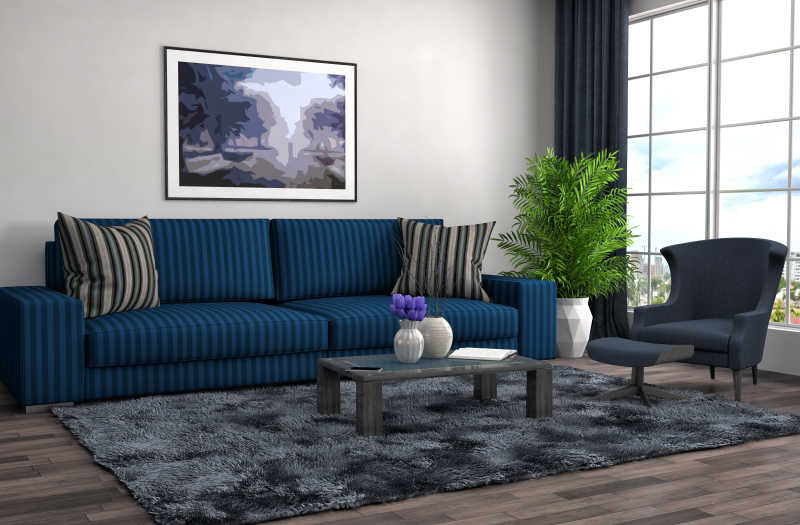 室内蓝色多人舒适条纹布艺沙发