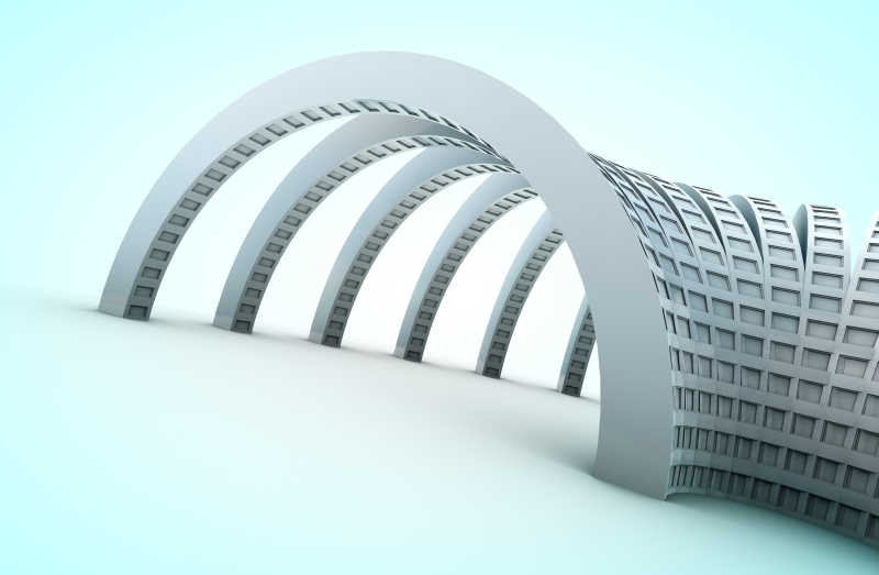 灰白色背景下的弧形建筑三维概念