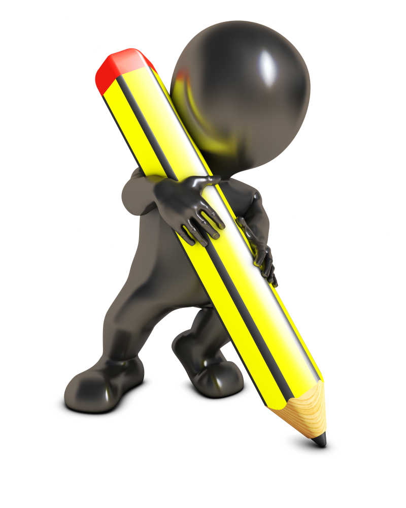 拿着铅笔写字的三维玩偶