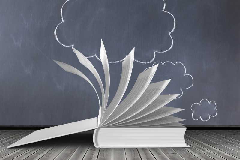 黑板上的云和翻页的书