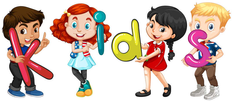 白色背景下持有字母的男孩和女孩插画