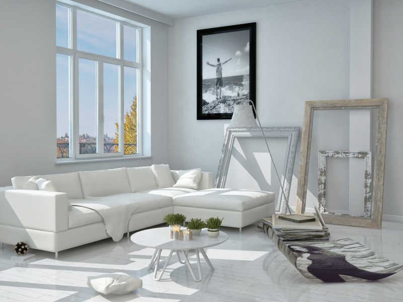 现代白色主调客厅的壁画装饰