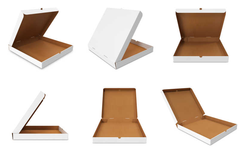 六个打开的白色比萨盒