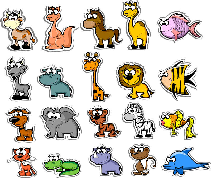 白色背景下的卡通动物和鱼类