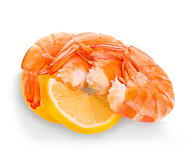 白底柠檬片老虎虾虾肉