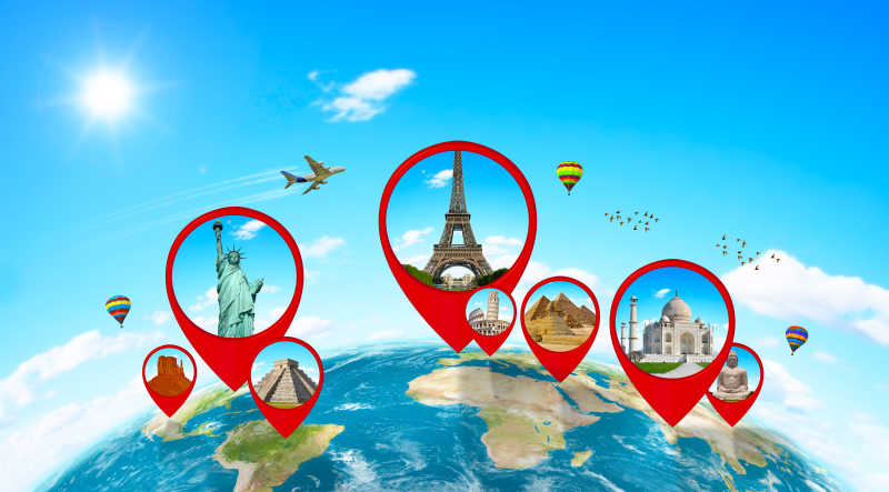 地图上的世界著名纪念碑概念