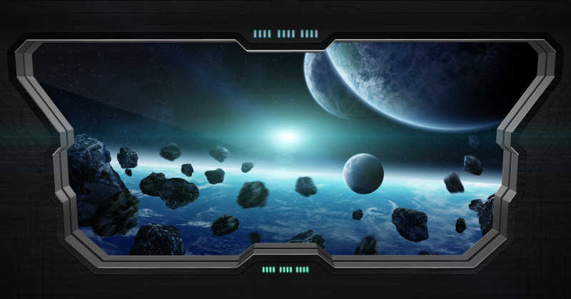 宇宙飞船窗外的行星和地球