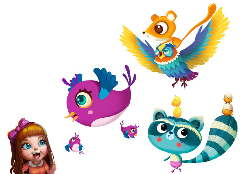 女孩与动物卡通插图