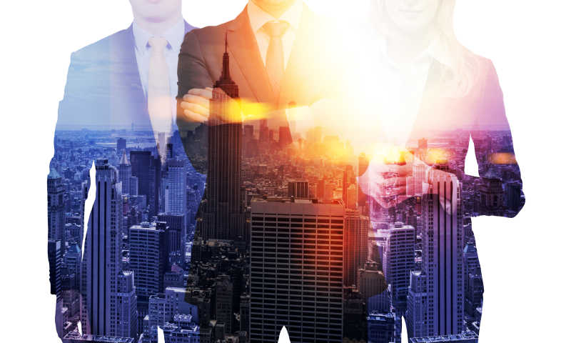 城市建筑背景下多次曝光的商人