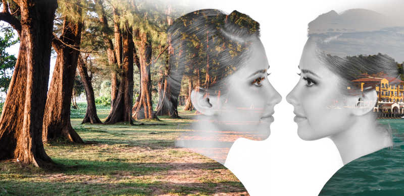 女性与森林树木的双重曝光