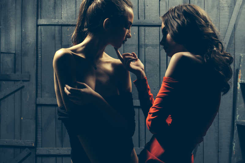 灰色装饰背景下两个性感的女人