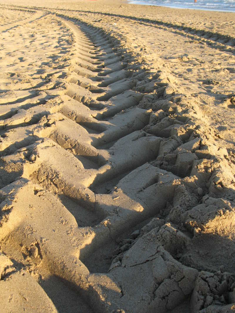 沙子上留着两行深深的车轮胎印
