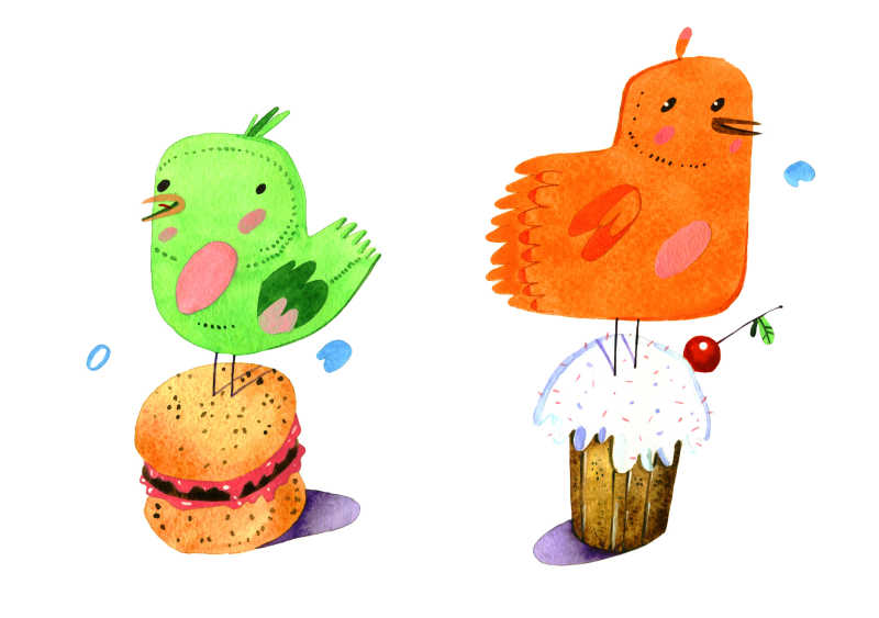 站在蛋糕和汉堡上的橙色和绿色小鸟