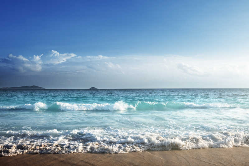 蓝天下的塞舌尔海滩