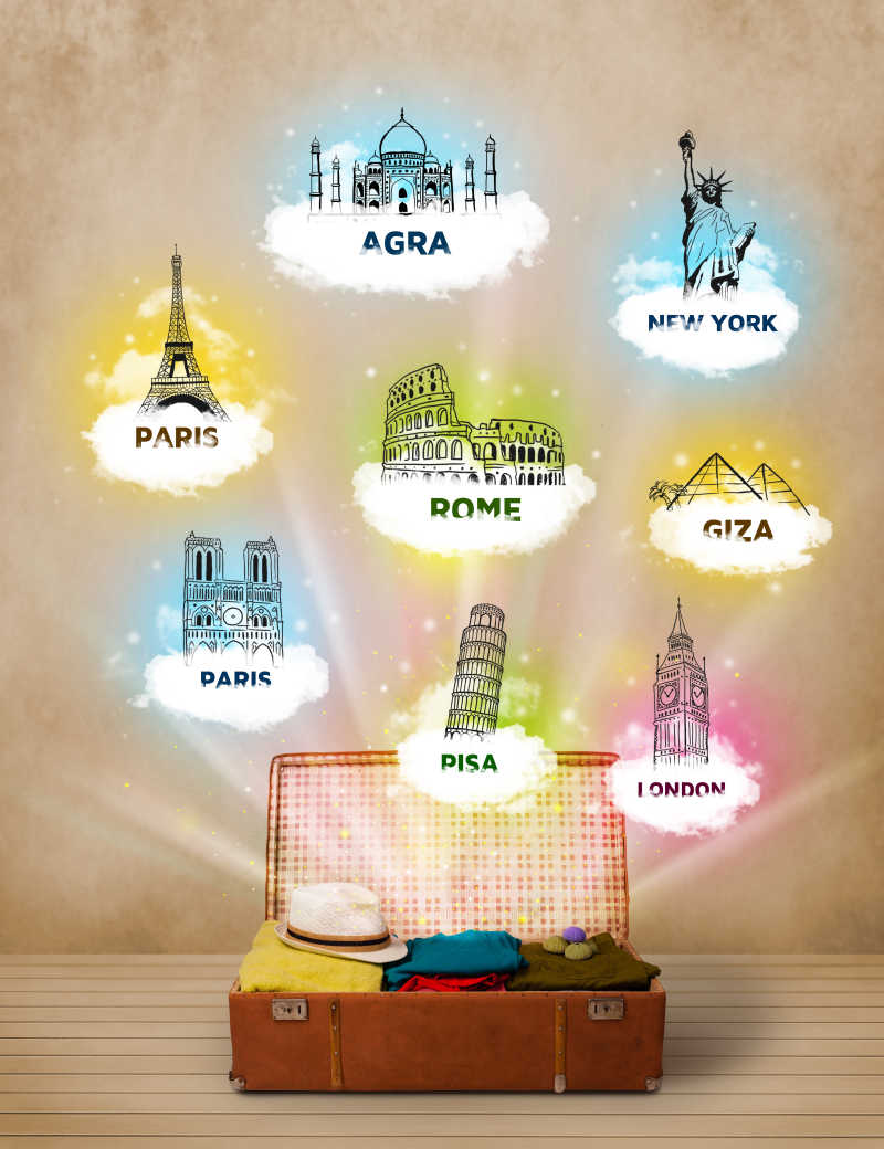 准备去看世界著名旅游景点的手提箱