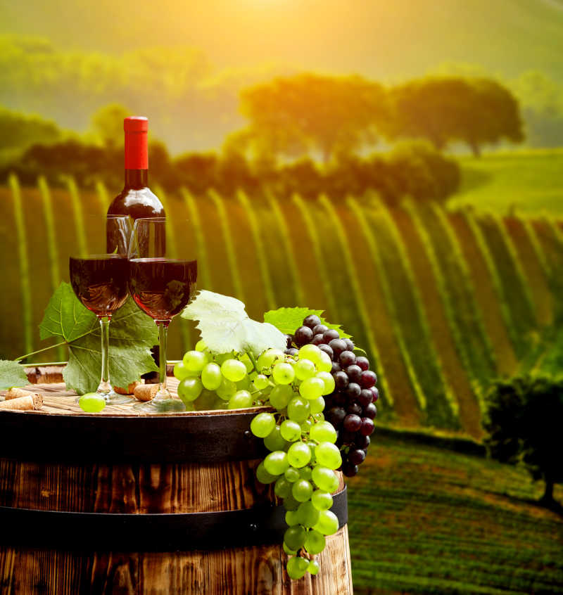 木制酒桶上的葡萄酒与葡萄