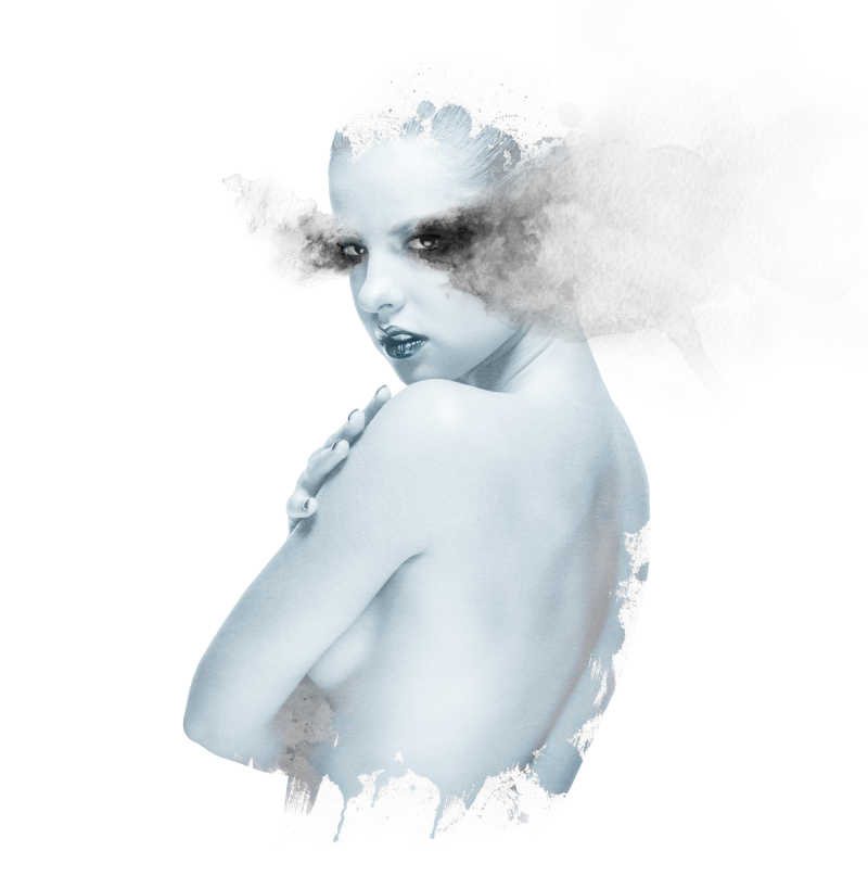 女性与水彩元素的双重曝光的彩妆创意