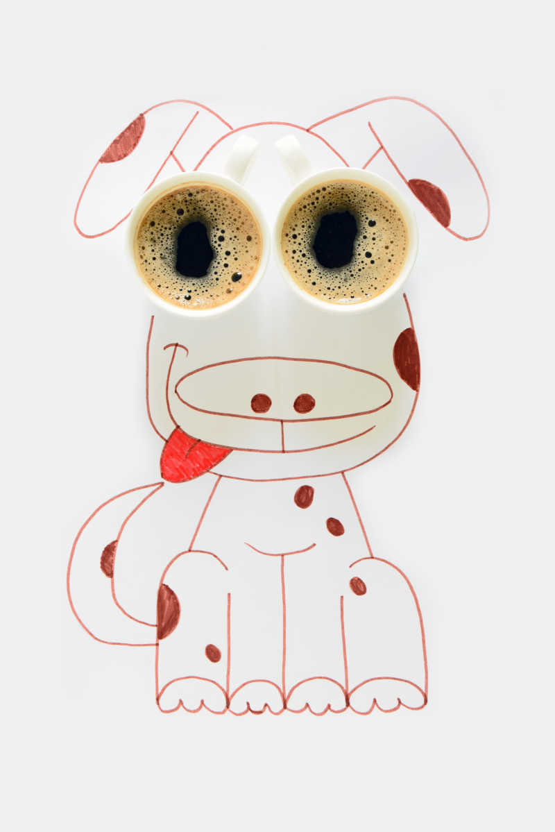白色背景下在小狗插画上的两杯咖啡